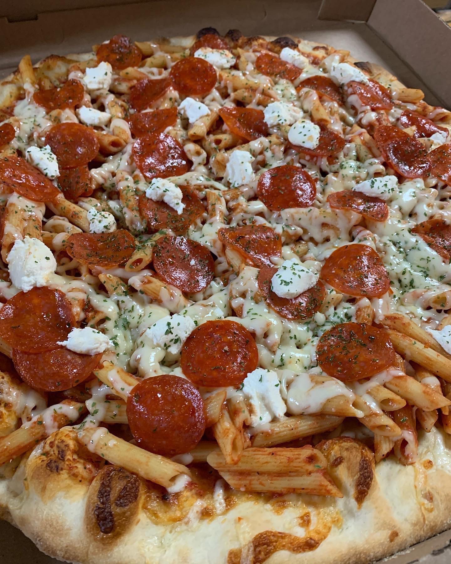 Baked Ziti Pizza with pepperoni and ricotta